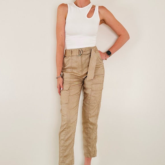 White House black market Linen Belted Utility Pants neutral Cargo - Picture 3 of 9